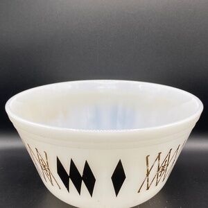 Federal Glass Bowl- white heatproof milk glass, black & gold diamonds MCM VTG'50